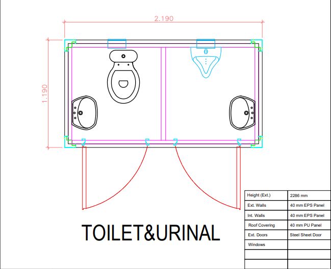 Dubbel toilet + urinoir unit (2 ruimtes)
