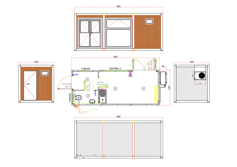 Tekening kantoorunit 2,40×6,00m